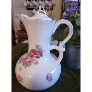 Vintage French Floral Porcelain Pitcher with Lid Rose Flower Gold Trim Elegant